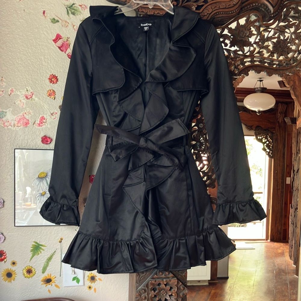 Bebe Black Ruffled Wrap Trench Coat